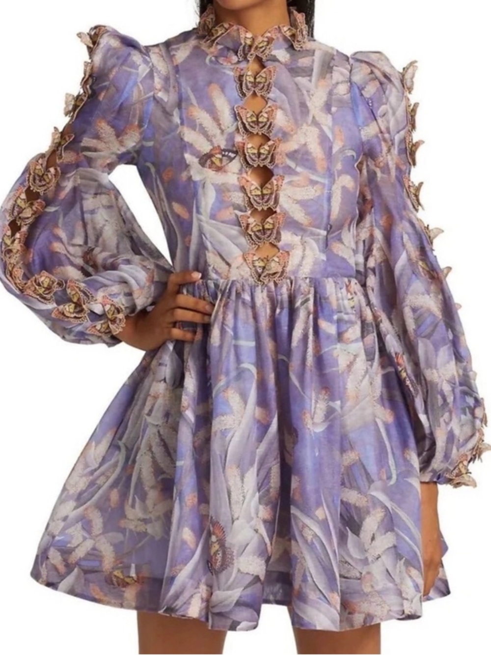 Zimmermann Lavender Floral Bow-Trim Mini Dress